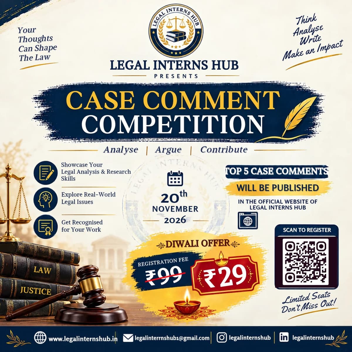 Legal Interns Hub Presents Case Comment Competition 2026 Poster - Analyse Argue Contribute